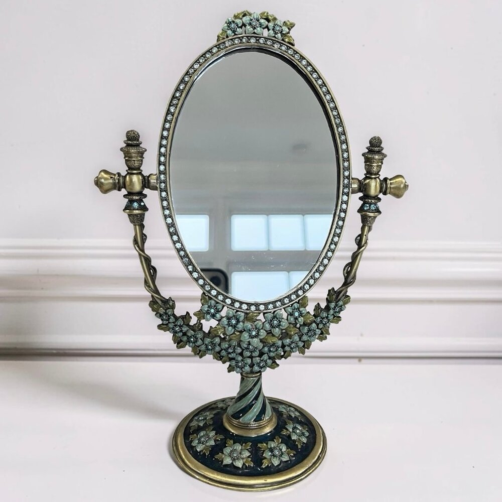 Vintage Brass Oval Vanity Makeup Desk Mirror, Enameled Metal Jeweled Tabletop